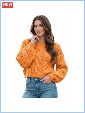 Cropped Cable Knit Crewneck Long Sleeve Pullover Sweater